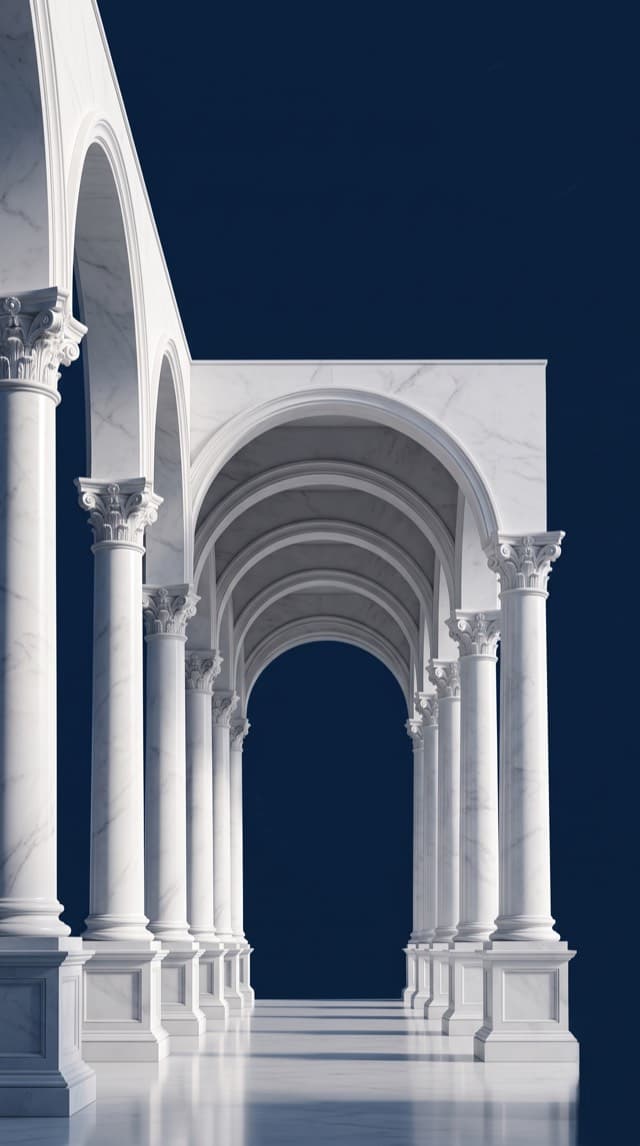 White marble colonnade against a deep navy ground