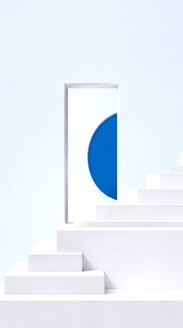 White ascending steps beside a cobalt-blue arc on a pale ground