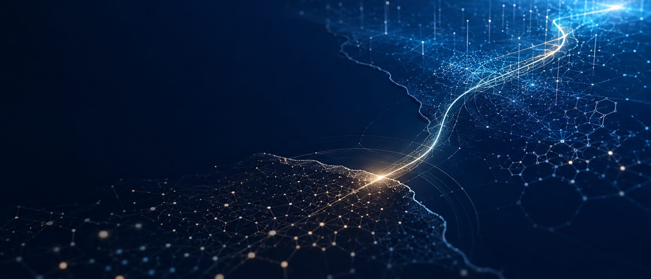 An abstract data network in deep navy, two distinct clusters of connected points joined by a single bright path.