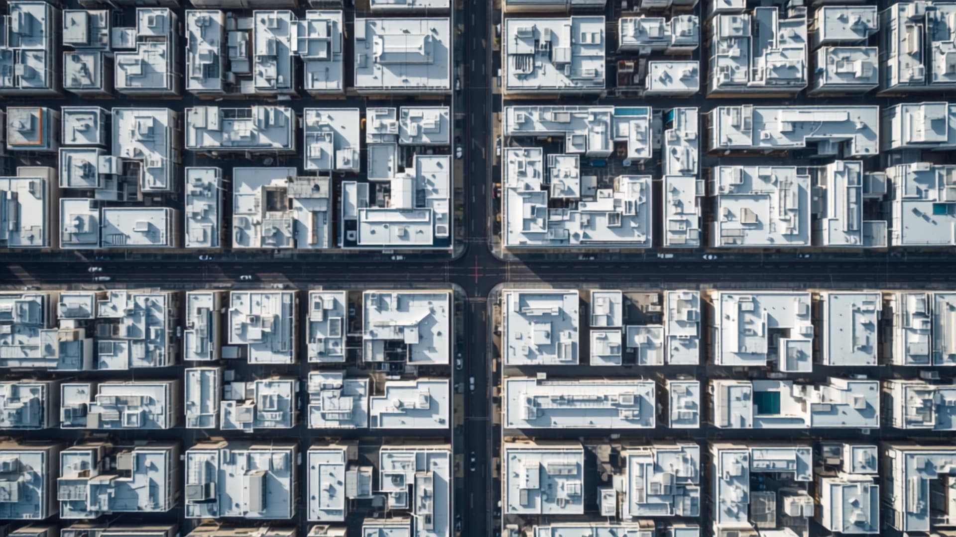 A dense city district seen directly from above, its rectangular blocks and boulevards forming an orthogonal grid.