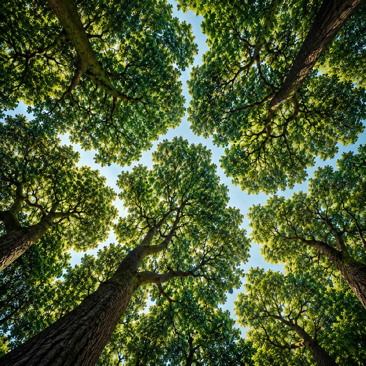 Looking up through a cathedral-like forest canopy, tall trunks rising into interlocking crowns with bright sky between the branches.