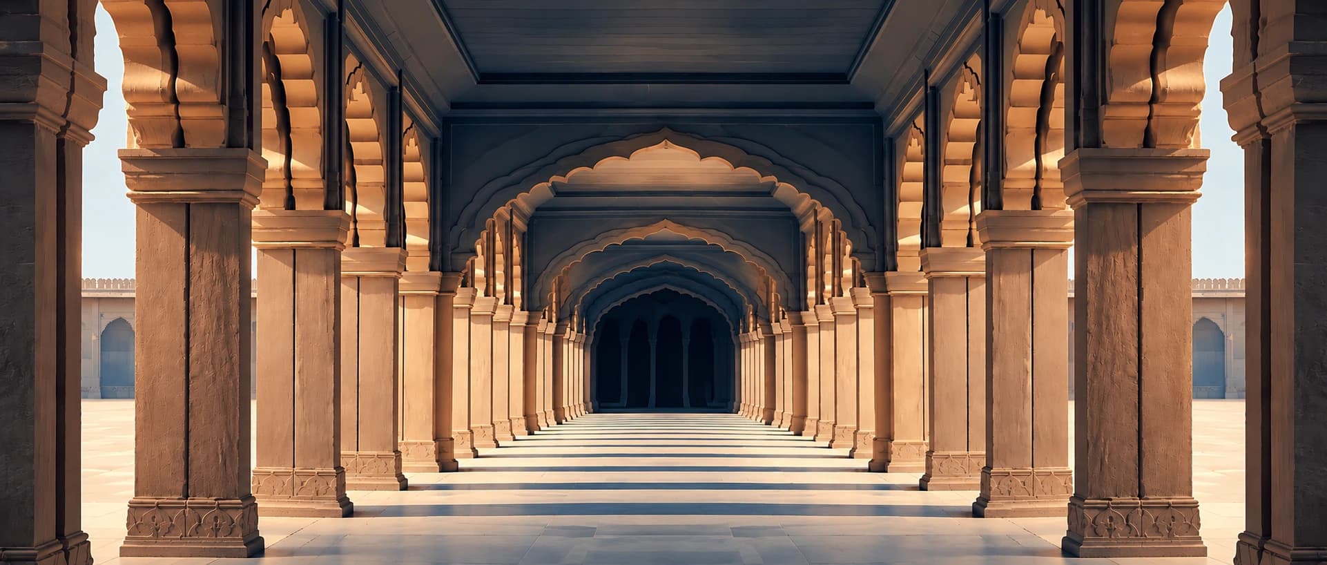 A long colonnade of carved sandstone columns and scalloped Mughal arches receding in symmetrical perspective, sunlight falling across the stone floor.