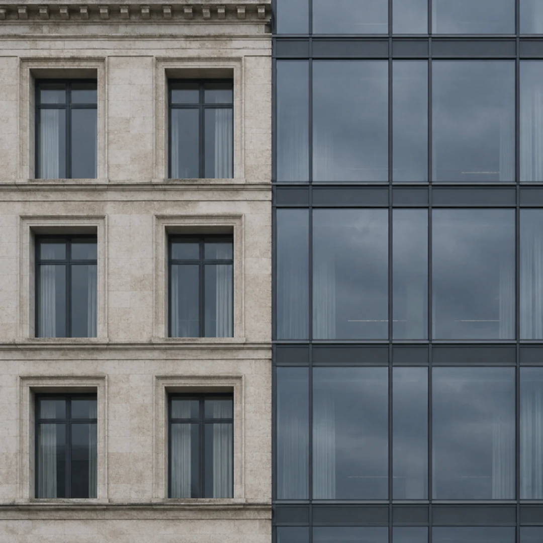 A building facade where a weathered limestone wall of deep-set windows meets a dark glass curtain wall along a single vertical seam.
