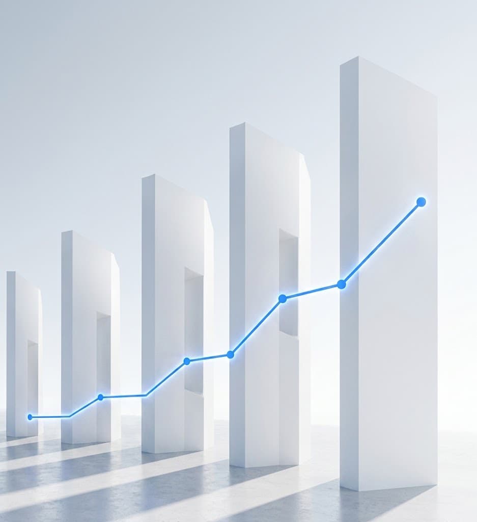 White structural planes rising in sequence, with a cobalt line climbing through them to a single point